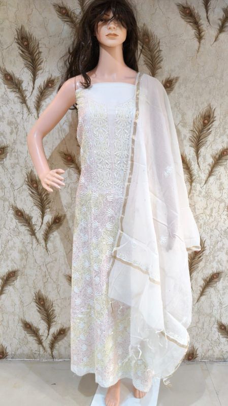 White Hand Embroidered Cotton Unstitched Suit