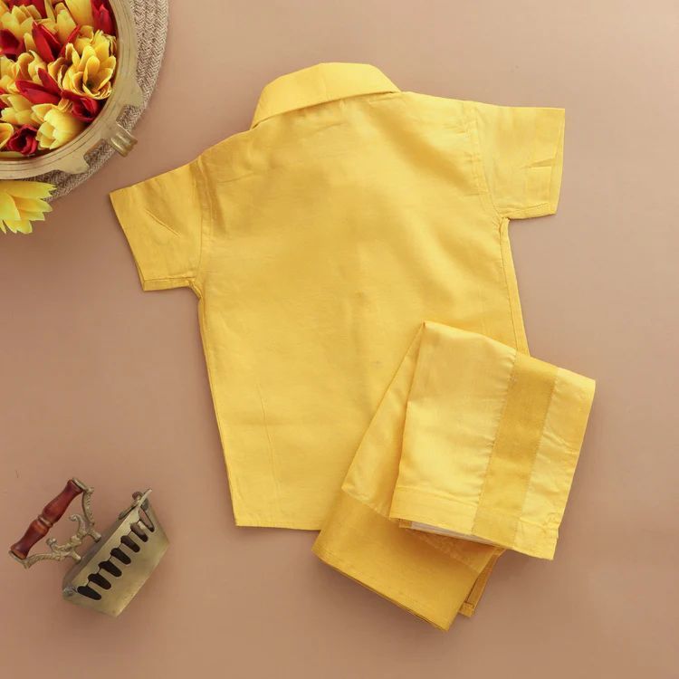 Boys Bright Yellow Ethnic Silk Shirt & Dhoti Set