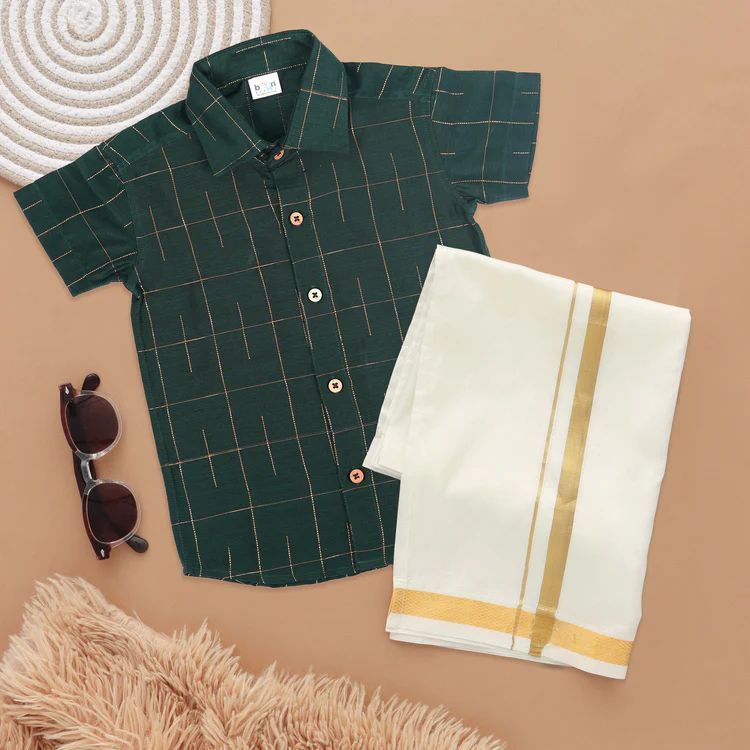 Boys Classic Emerald Green Ethnic Silk Shirt & Dhoti Set