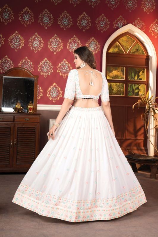 Georgette White Semi Stitched Lehenga With Unstitched Blouse