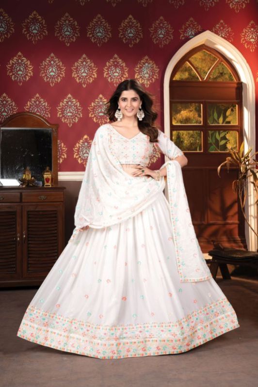 Georgette White Semi Stitched Lehenga With Unstitched Blouse