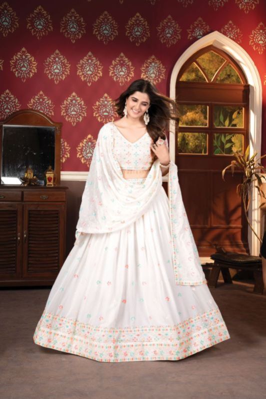 Georgette White Semi Stitched Lehenga With Unstitched Blouse