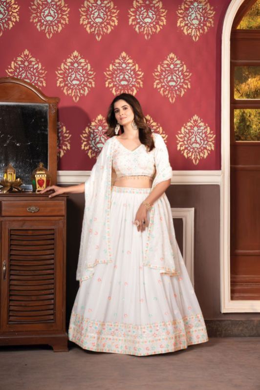 Georgette White Semi Stitched Lehenga With Unstitched Blouse