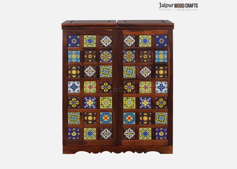 Siramika Sheesham Wood Bar Cabinet in Honey Oak Finish