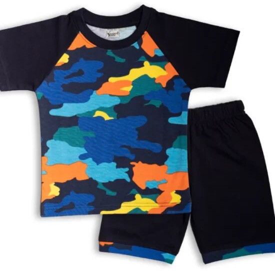 Boys Round Neck T-Shirt & Shorts-Blue Camo