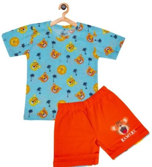 Boys Round Neck T-Shirt & Shorts – Blue & Orange