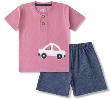 Boys Round Neck T-Shirt with Car Embroidery & Shorts