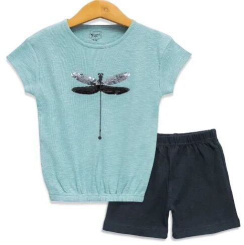 Girls Drop Shoulder Top with Sequence Work & Shorts