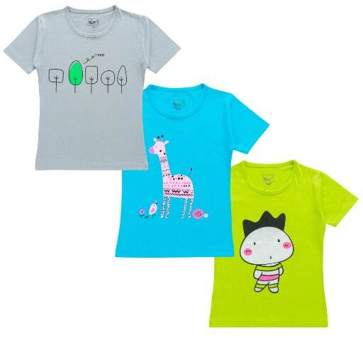 Girls Printed Half Sleeve T-shirts Gray, Blue, Green (Pack of 3)