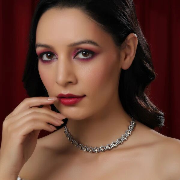 GOLD AND SILVER CHOKER AMERICAN DIAMONDS AND KUNDAN