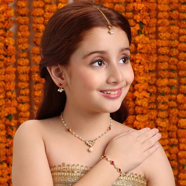 KIDS KUNDAN MAROON STONE JEWELRY SET