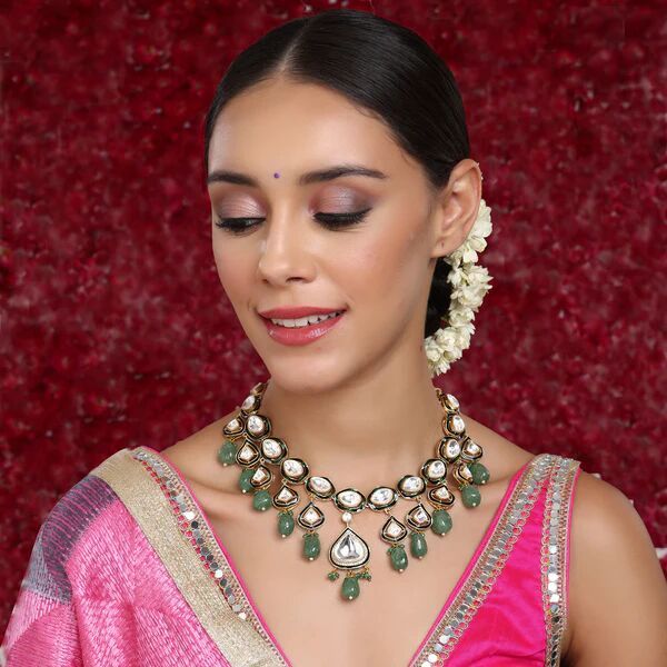 KUNDAN AND STONE NECKLACE WITH EMERALD DROPS