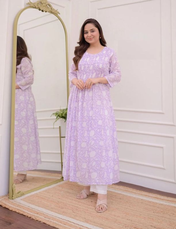 Ladies Lavender Printed Cotton Long Kurti