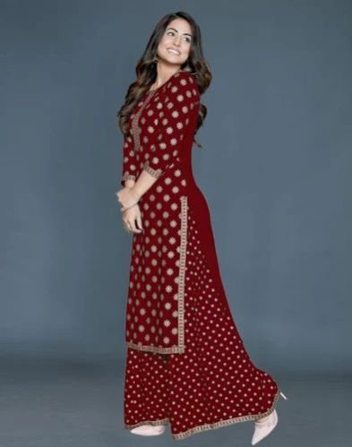 Printed Ladies Red Rayon Palazzo Suit Set Party Wear
