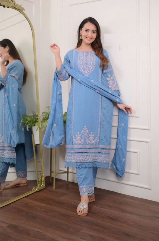 Ladies Sky Blue Round Neck Cotton Suit Set