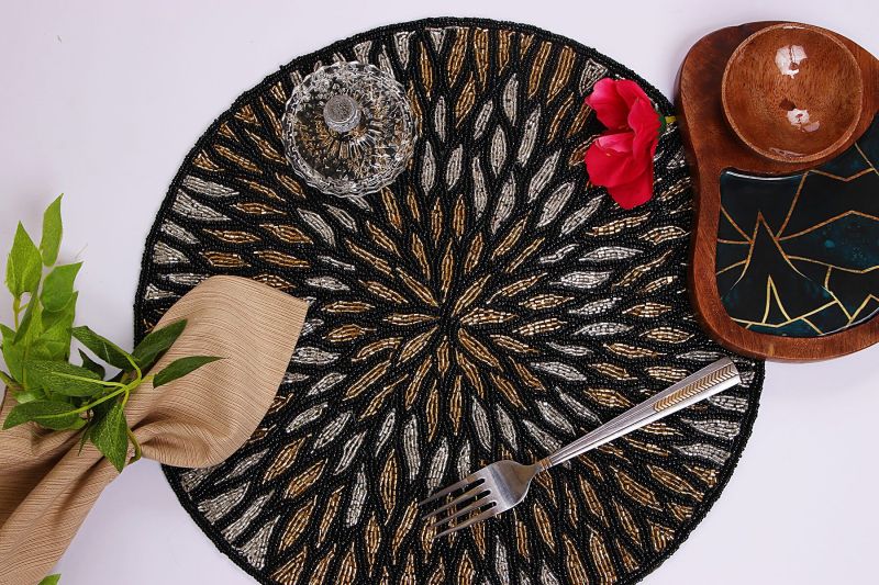 Handmade Black Round Beaded Placemat