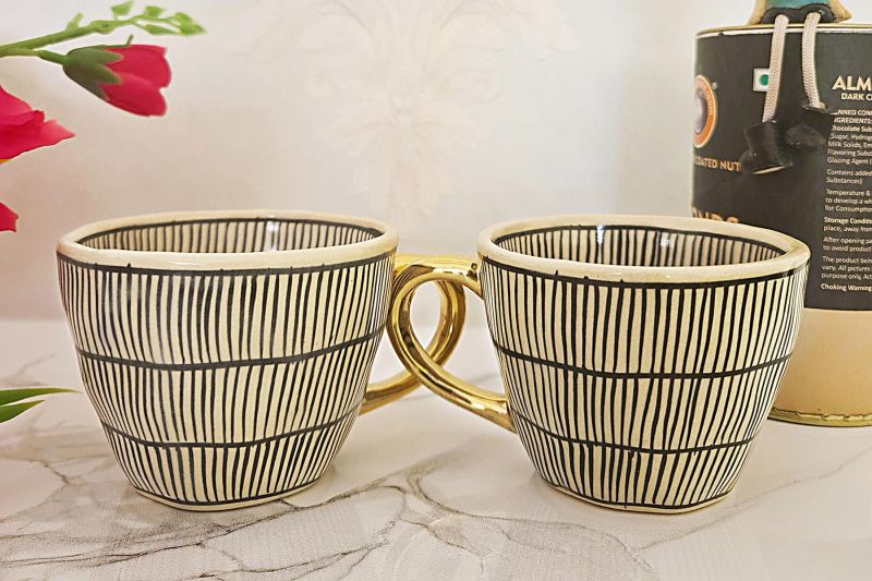 Handmade Ivory Ceramic Mug Set with Black Row Design