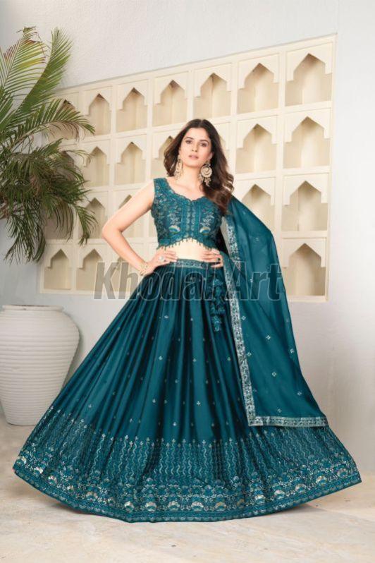 Sea Green Semi Stitched Lehenga with Unstitched Blouse