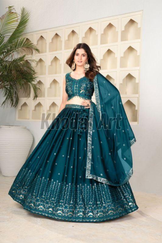 Sea Green Semi Stitched Lehenga with Unstitched Blouse