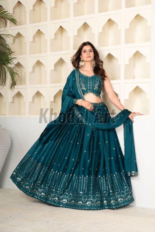 Sea Green Semi Stitched Lehenga with Unstitched Blouse