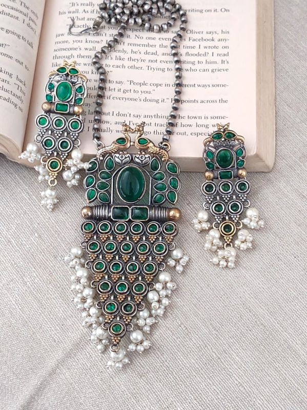 German Silver Green Stone Necklace Set