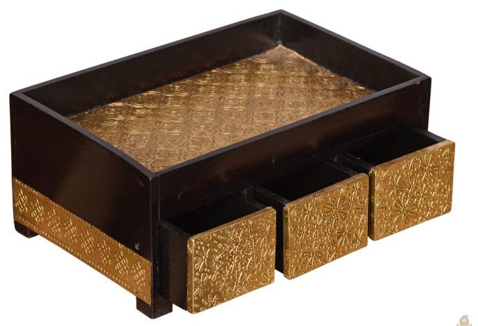 WOODEN METAL BRASS TRAY WITH DRAWER STORAGE