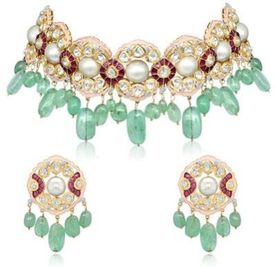 Women Captivating Emeralds & Pearls Polki Choker Set