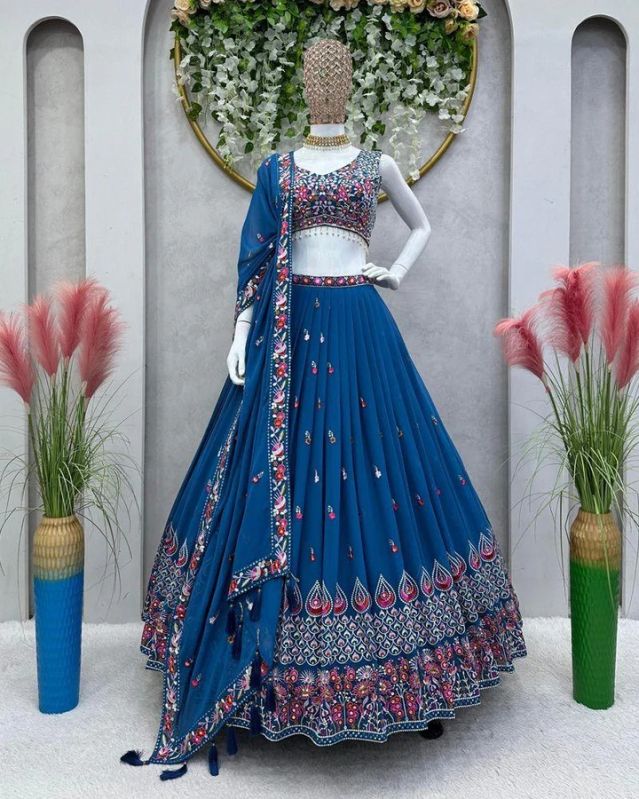 Blue Color Georgette Thread &AMP;AMP; Sequence Embroidery Lehenga Choli For Women