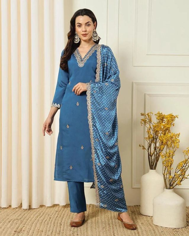 Blue Roman Silk Embroidered Party Wear Women Dress