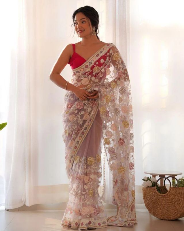 Lavender Net Embroidery Party Wear Women Saree