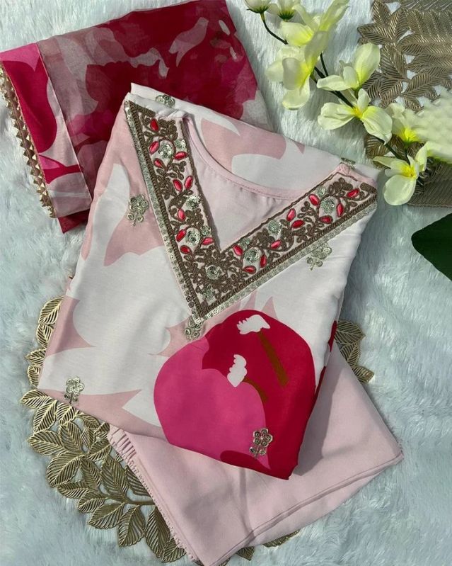 Light Peach Muslin Embroidered Women Dress with Pant & Dupatta