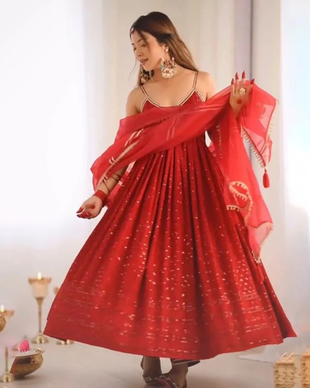 Red Rayon Silk Chikankari Sequins Work Women Dress