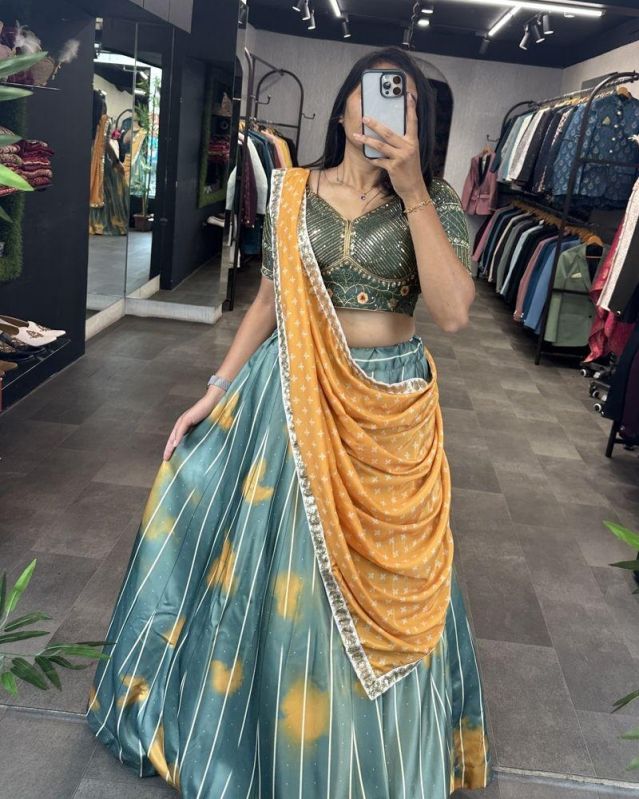 Sea Green Color Malai Silk Digital Print Women Lehenga Choli