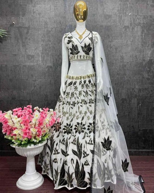 White Faux Georgette Wedding Designer Lehenga Choli For Women