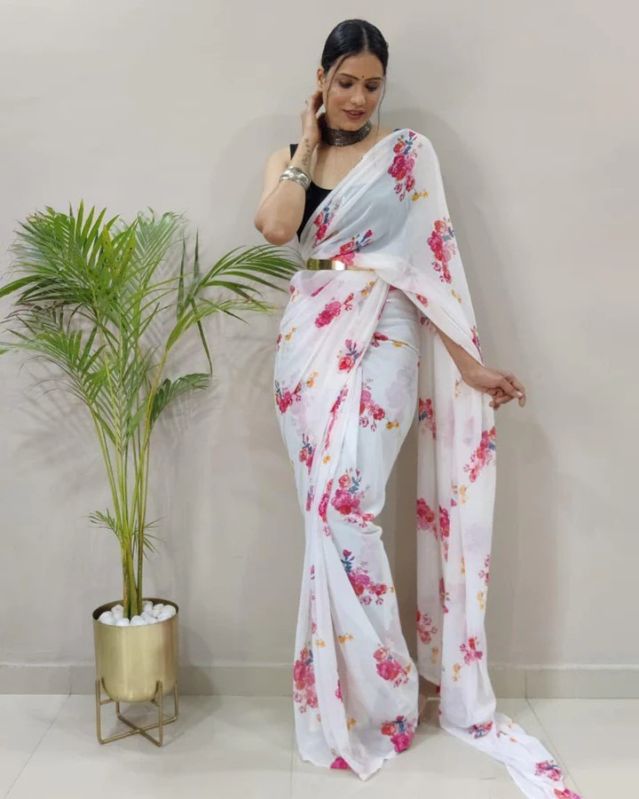White Floral Print Georgette Ready to Wear Women Sarees