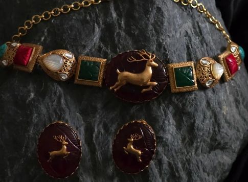 Women Navrattan Kundan Natural Stones Fusion Choker Necklace Set