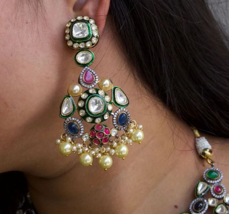 Women Victorian Multicoloured Gem Necklace Set with Matching Earrings