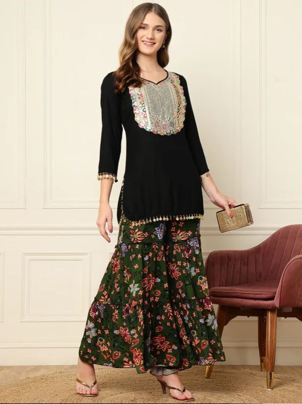 Printed Women Black Kurti co-ord Sets