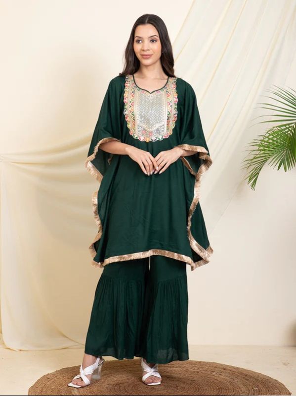 BOTTLE GREEN EMBROIDERED NECK KAFTAN WITH SHARARA WOMEN CO-ORD SET