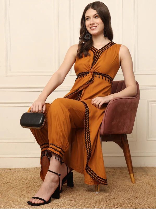 BROWN HIGH LOW TWISTED TUNIC INDO WESTERN WOMEN CO-ORD SET