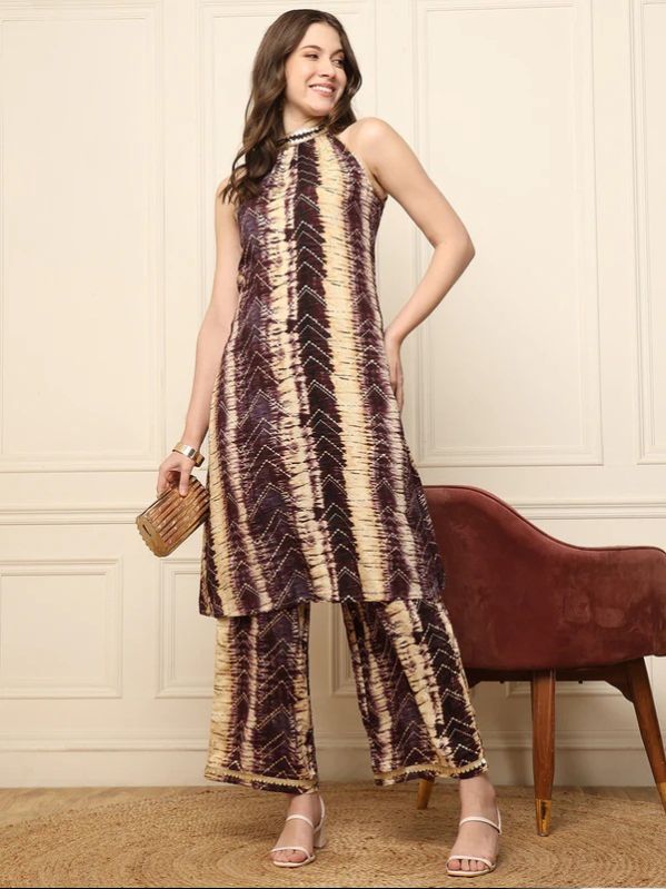 MULTI COLOUR PRINTED HALTER NECK KURTI WITH PANT WOMEN COORD SET
