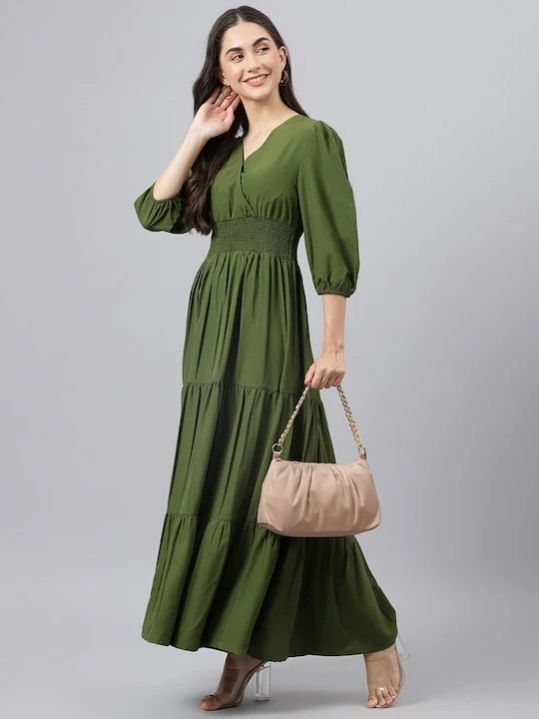OLIVE GREEN A-LINE TIERED MAXI DRESS