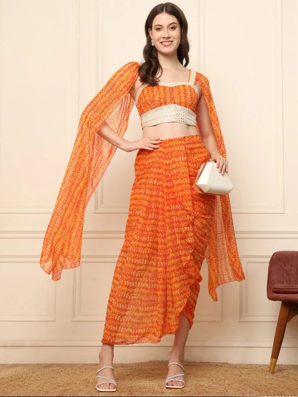 ORANGE PRINTED TOP WITH DHOTI PANTS ETHNIC INDO WESTERN CO-ORD SET