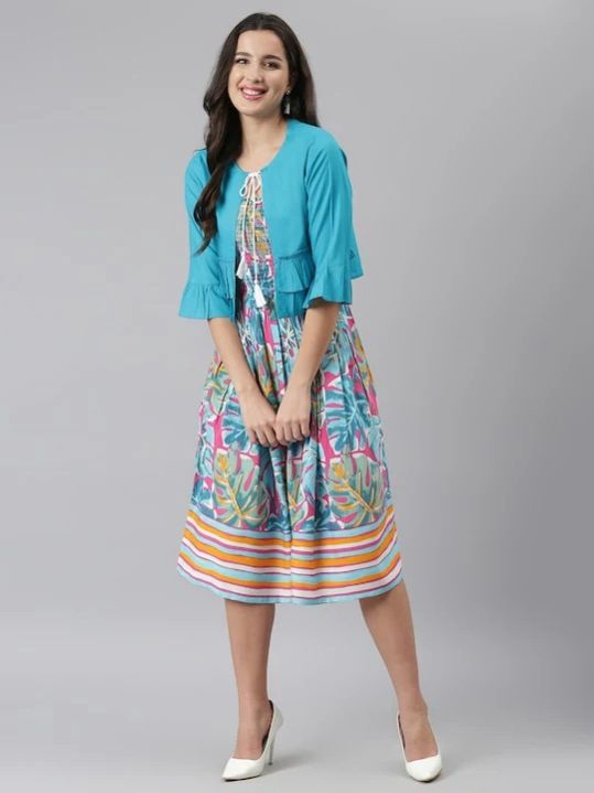 PRINTED SMOCKED FIT FLARE DRESS WITH SHRUG