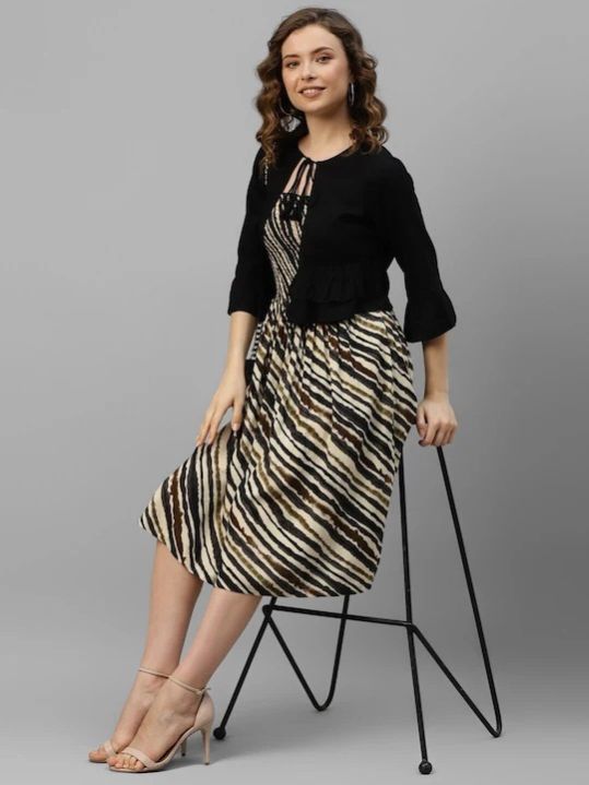 STRIPES SMOCKING DRESS WITH BLACK SHRUG