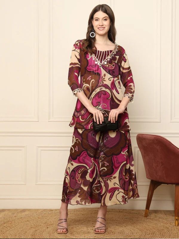 Wine Abstract Printed Kurti Crop Top Palazzo Set