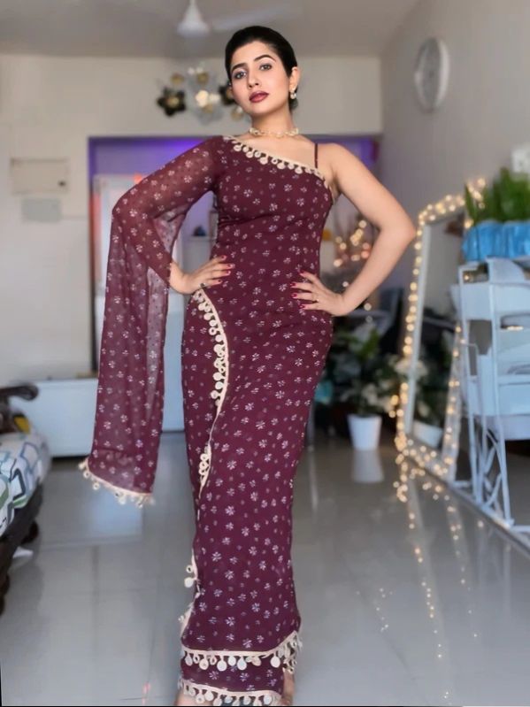 WINE FLORAL ONE SHOULDER TUNIC INDO WESTERN WOMEN SET