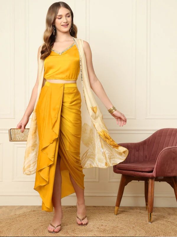 YELLOW CROP TOP AND PRINTED SHRUG WITH DHOTI WOMEN CO-ORD SET