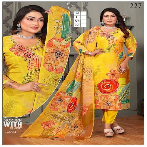 Ladies Floral Print Yellow Muslin Silk Kurti Set