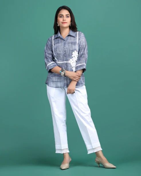 Women Blue Cotton Shirt with Crochet Flower